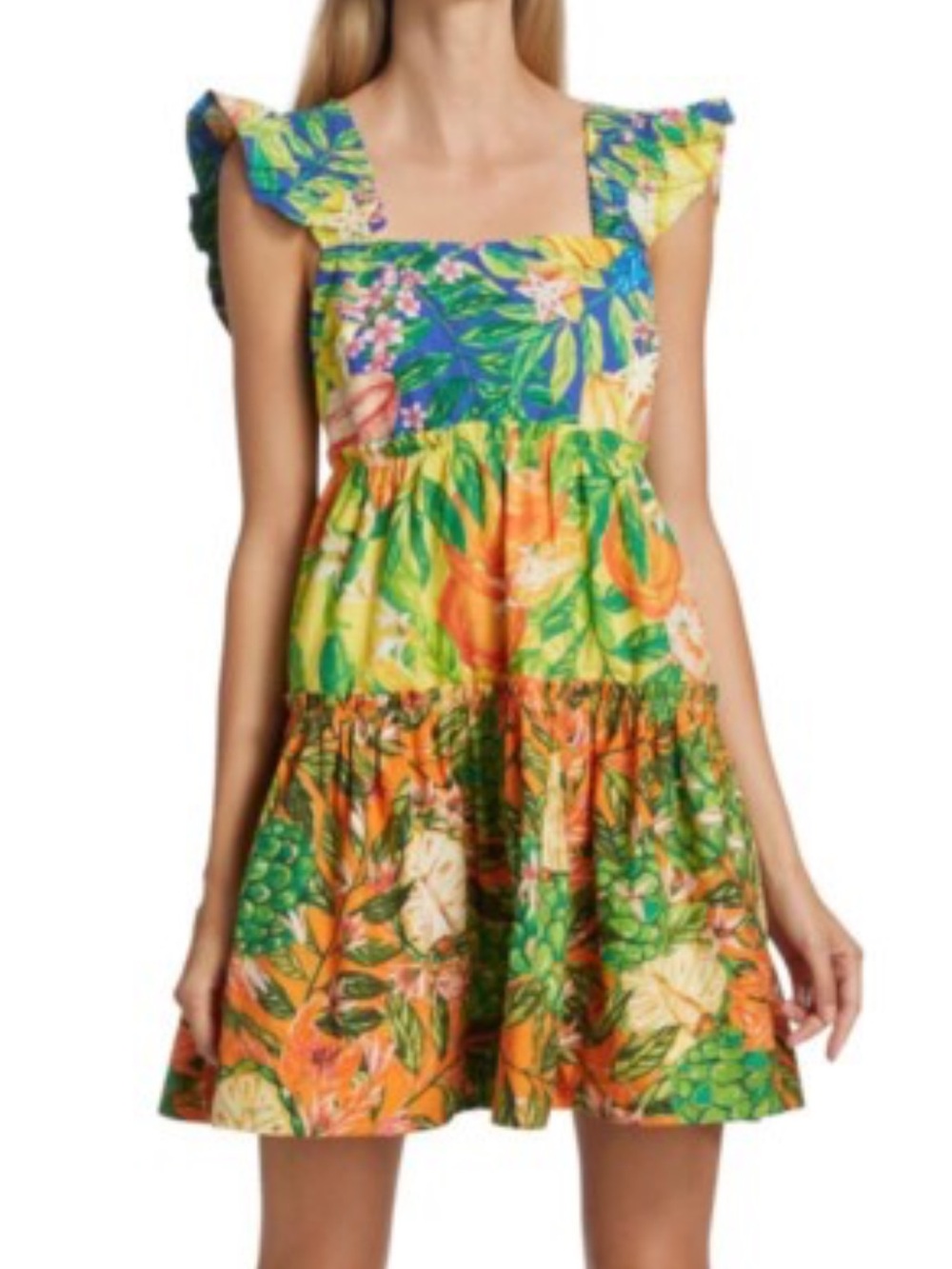 Farm Rio Caipirinha vibrant green and orange tropical print mini dress